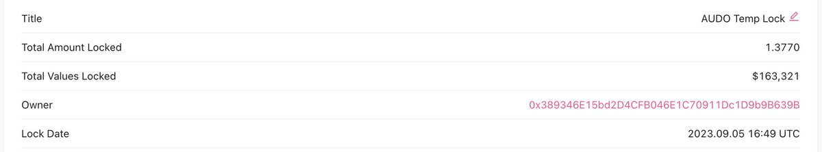 100% of Audinals' LP ($163,000) is officially locked on PinkSale 👀

Whilst we build our revenue sharing ($AUDO HODLERS), decentralized LP ownership solution with <a href="/linq_group/">LINQ</a> 🥤

pinksale.finance/pinklock/recor…