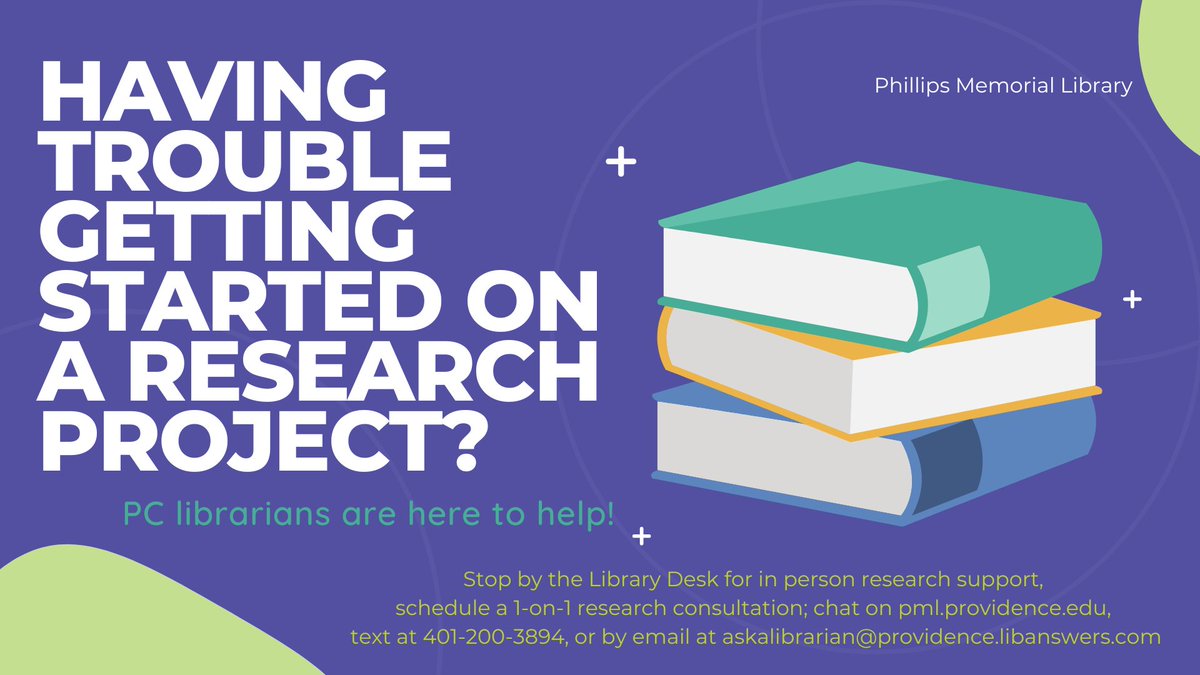 Library_PC's tweet image. Already getting panicked about starting your
research for a project or paper? PC librarians are
standing by to help! Whether by chat, call, text, email,
or just visiting us at the Library, don’t wait – get the
help you need to jump-start your research today!