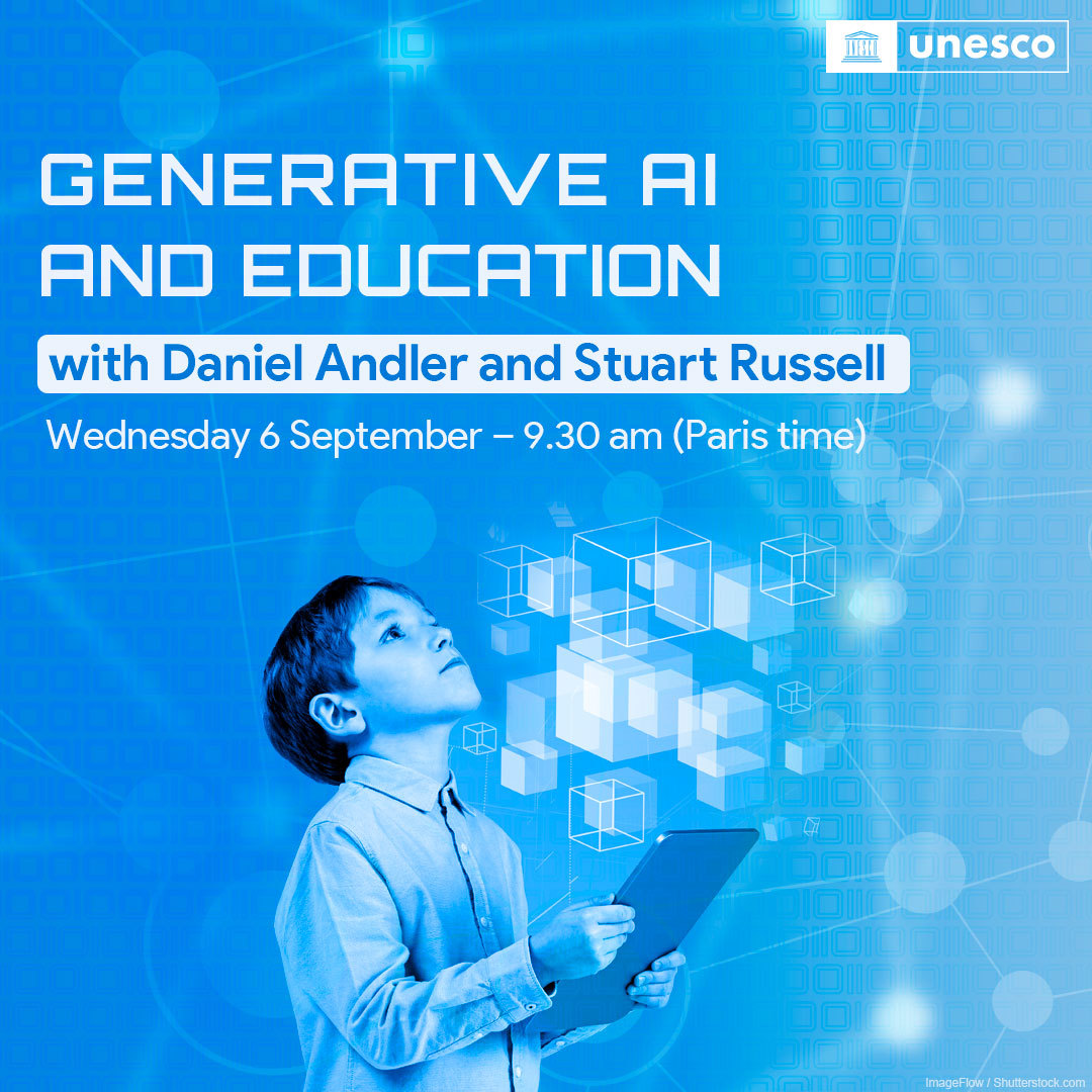 What are the implications of generative #AI tools on #education? 

Tomorrow at #DigitalLearning Week, don't miss keynote addresses by Daniel Andler &amp; Stuart Russell.  

Watch the event live on Wednesday 6 September at 9:30 am Paris time. webcast.unesco.org/events/2023-09…

#TechOnOurTerms