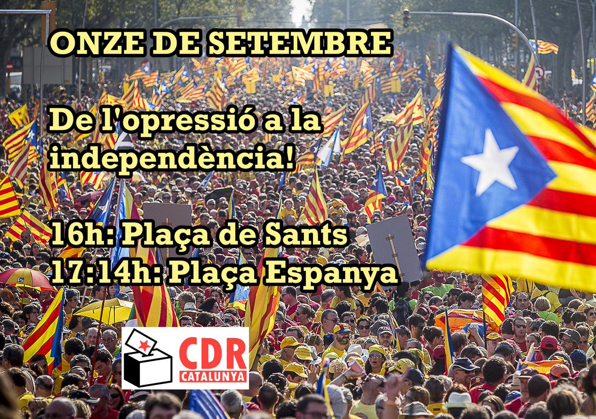 🔥 Al costat de les 4 columnes de la manifestació oficial, la columna dels CDR serà l'única de la Diada a Barcelona que tindrà com a lema explícit la independència.
📍 Ens trobem a la plaça de Sants a les 4 de la tarda per anar cap a plaça Espanya.
#Independència #PaïsosCatalans