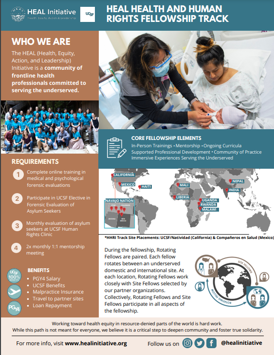 UCSF_HHRI's tweet photo. UCSF’s @healinitiative fellowship applications are open. Physicians committed to #healthequity and #socialjustice are invited to join the Health &amp; Human Rights Track to include a year of training on medical evaluations for asylum seekers.
🔗:https://t.co/EiiYP4B9qb Apps Due:9/30 https://t.co/6l3tU9d4Sw