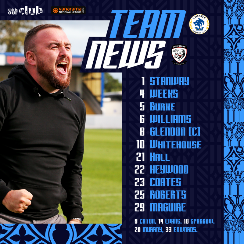 ChesterFC's tweet photo. Your #Blues for tonight's game! 🔵

There's 3⃣ changes from Saturday, as new signing @tomsparrow15 makes the bench. 👊

#OurClub | #CFCHER