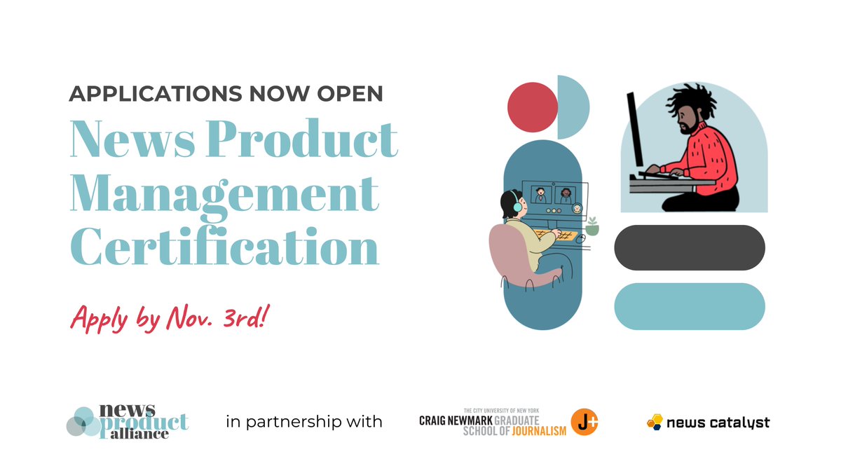 NewmarkJPlus's tweet image. 📢 Applications are now open for our new News Product Management Certification (#NPMC) program with @newsproduct, @newscatalyst, and support from Knight-Lenfest Local News Transformation Fund! 🧵 newsproduct.org/blog/npmc-appl…