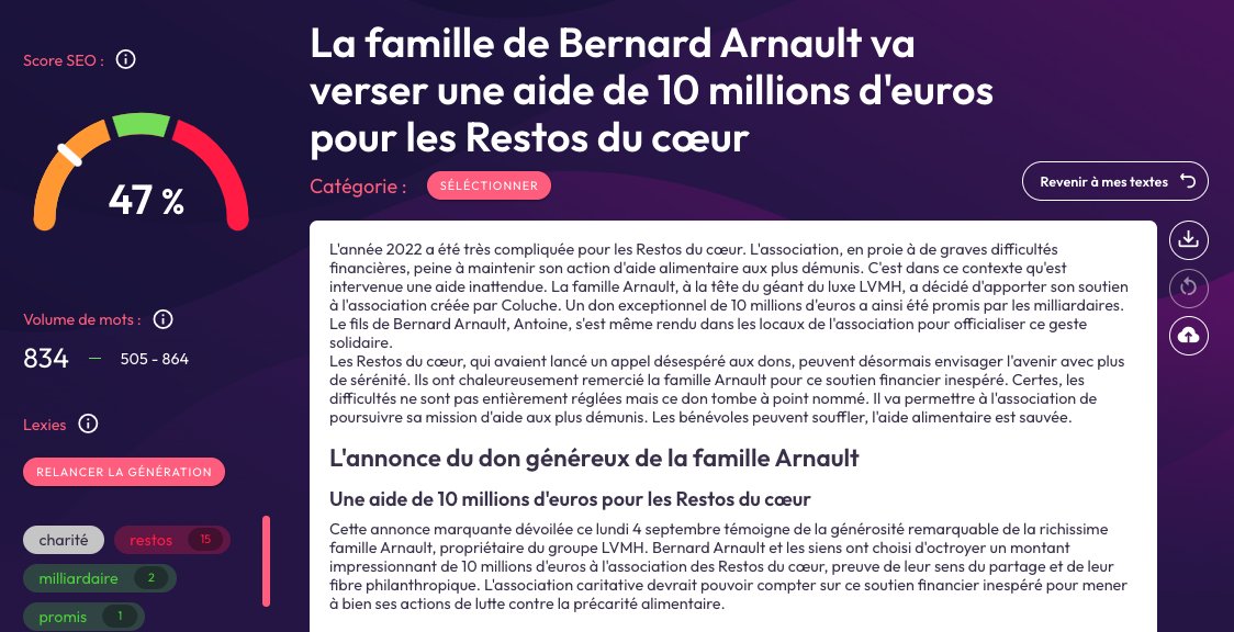 On fait aussi des articles d'actualités 👀

En SEO on évite le contenu dupliqué. Pourtant, tout monde utilise les mêmes outils 🤔

➡️ Une IA qui n'est pas GPT3/4
➡️ Du SEO avec des mots clés différents
➡️ Moins de 1€ les 1000 mots

5000 mots offerts 👉 vitemontexte.fr