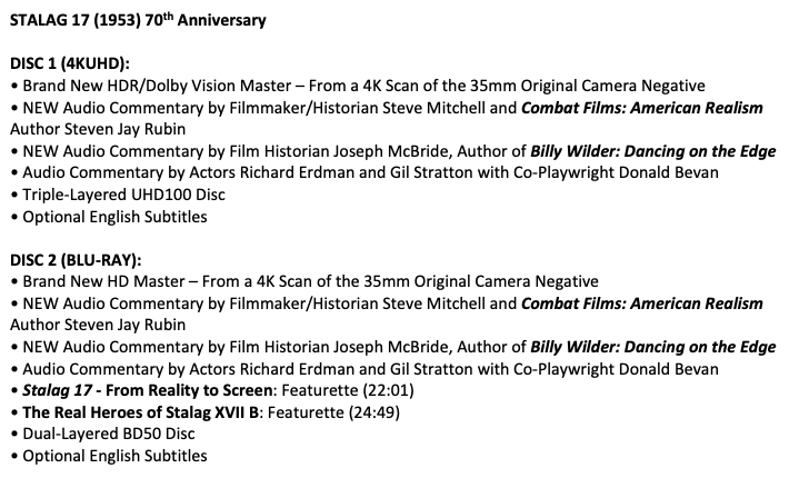 KLStudioClassic's tweet image. Coming November 21st on 4KUHD &amp;amp; Blu-ray!
kinolorber.com/product/stalag…

STALAG 17 (1953) 70th Anniversary
• Brand New HDR/Dolby Vision Master – From a 4K Scan of the 35mm Original Camera Negative

Also Available on Standalone Blu-ray:
kinolorber.com/product/stalag…