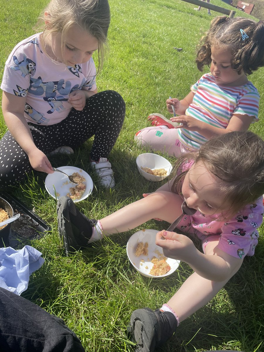 WhitecrookE's tweet photo. Today we used our nursery grown rhubarb to make rhubarb crumble ! The children were able to risk assess and safely use the kitchen utensils and equipment 🔪 👩‍🍳 they developed their mathematical skills weighing the ingredients…we enjoyed eating our crumble in the sunshine ☀️ https://t.co/oiqA186QNz