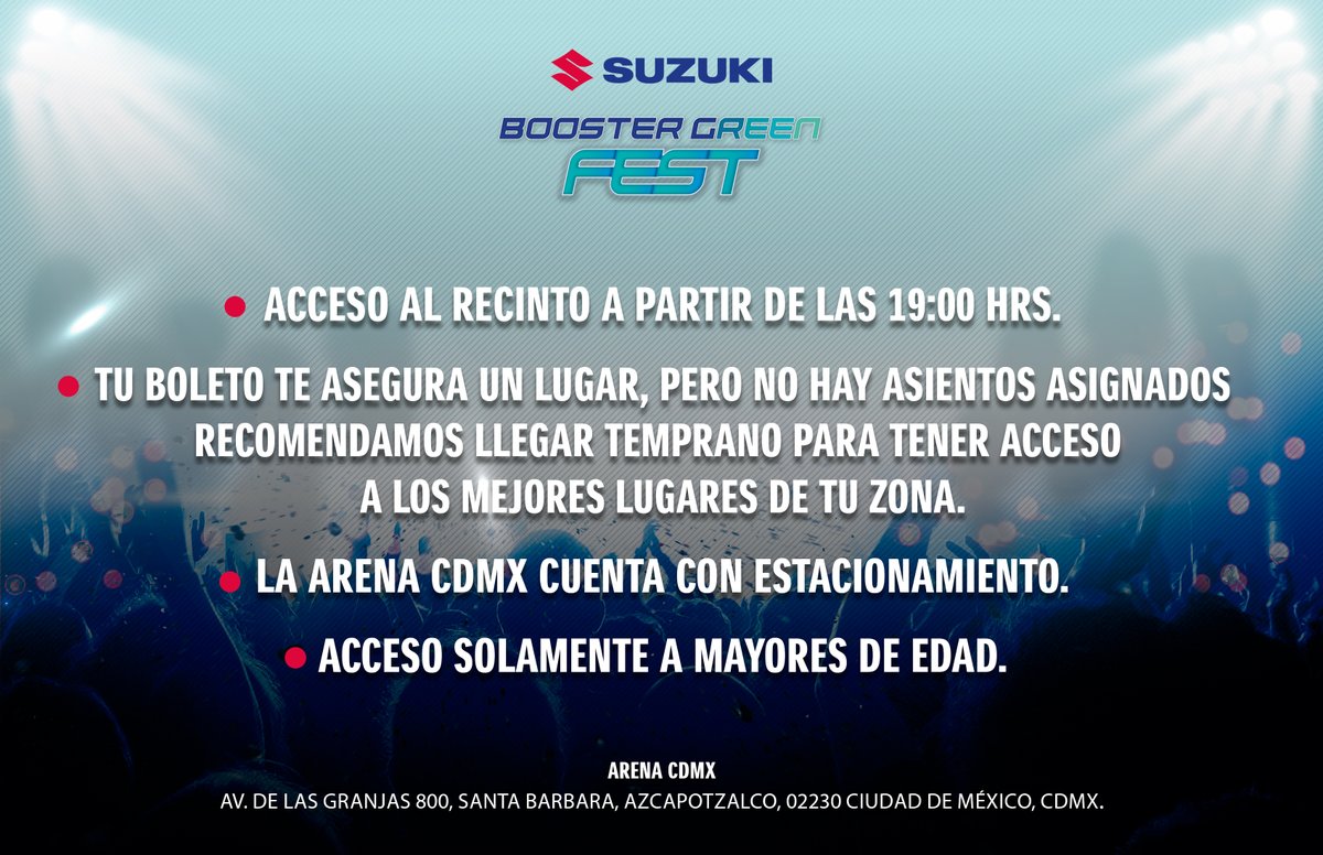 Suzuki_Mex's tweet photo. #SUZUKILover, aquí la información importante para que no te pierdas ni un solo detalle del  #BOOSTERGREENFEST. 👇 https://t.co/AAdhoRhejN