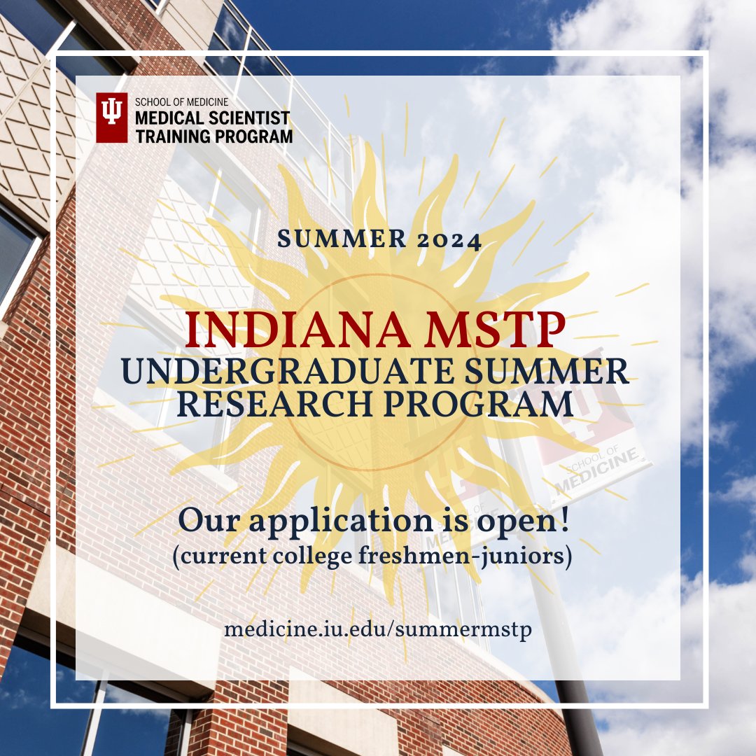 The IU School of Medicine MSTP Undergraduate 2024 Summer Research Program application is open! Research, shadow and network with MSTP faculty and students. Learn more: medicine.iu.edu/summermstp

#iusm #iumstp #mdphd #mstp #summerresearch #undergraduateresearch #physicianscientist