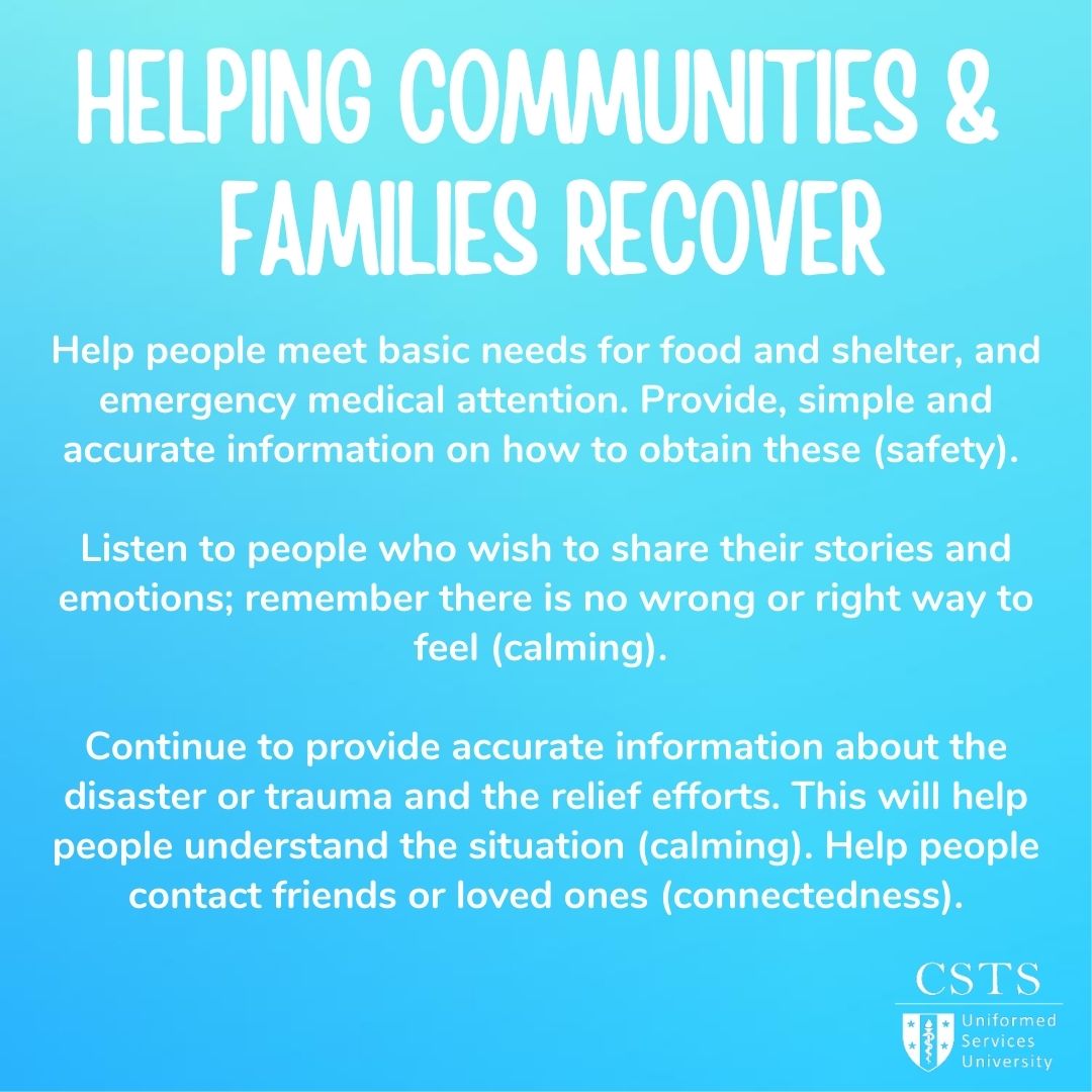 HawaiiCares988's tweet photo. Mahalo to our friends at the Center for the Study of Traumatic Stress at Uniformed Services University for their #postdisaster guidelines– "Safety, Recovery & Hope after Disaster: Helping Communities & Families Recover"
📃 See the full guide at https://t.co/4BgHBSmUaK. https://t.co/l7CfqKJK1S