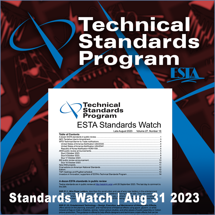 ESTA_Standards's tweet photo. The latest issue of ESTA Standards Watch is now available at https://t.co/Jq7LIANmMl. https://t.co/RZcBP4LP6y