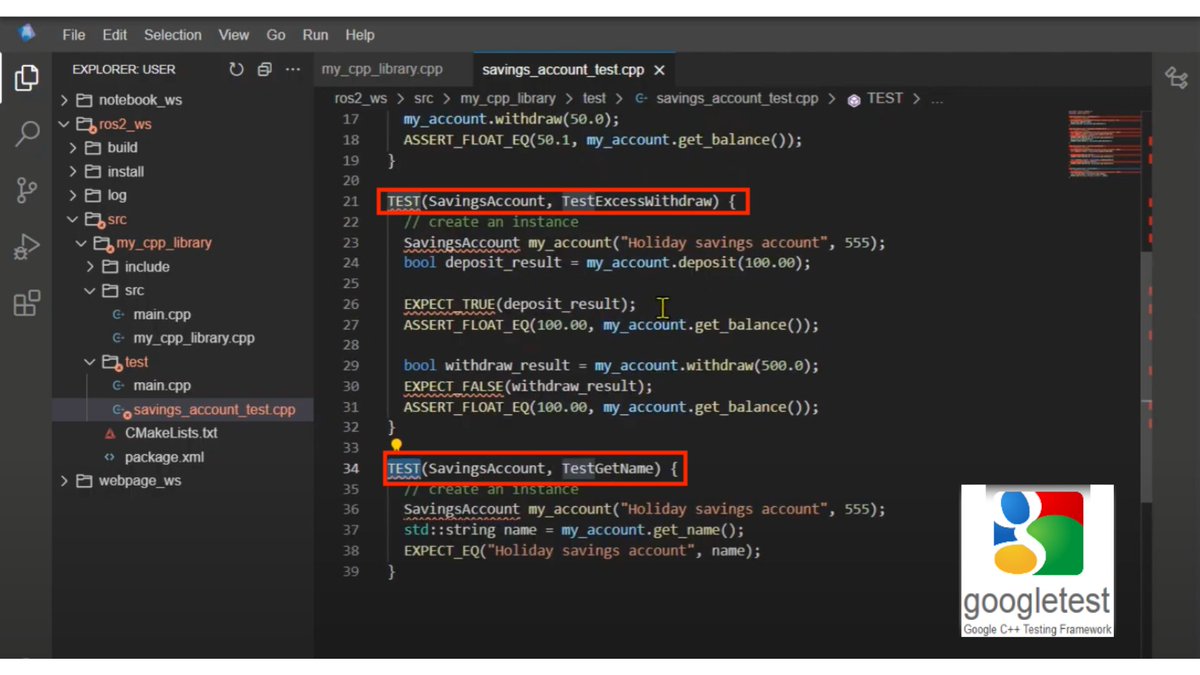 _TheConstruct_'s tweet photo. Google Test (#GTest) is a popular C++ testing framework for unit testing in C++ projects. 
In this open class, we teach you how to use it to test #robotics applications built on #ROS2!  ➡️👨‍💻https://t.co/6jxJWtGd5V https://t.co/MLccraHz9f