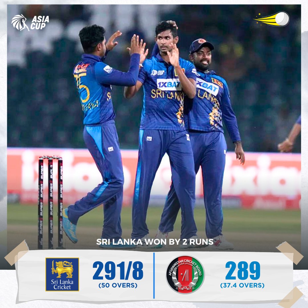 SportsExprress's tweet photo. AFGHANISTAN IS ELIMINATED! 🇦🇫❌

They fell short in their quest for 295 runs from 37.4 overs, and as a result, Defending Champions Sri Lanka have secured their spot in the Super 4s. 🇱🇰💪

#AsiaCup2023 | #AFGvsSL | #AfghanAtalan | #SuperCola https://t.co/ZsfKNX2TMX