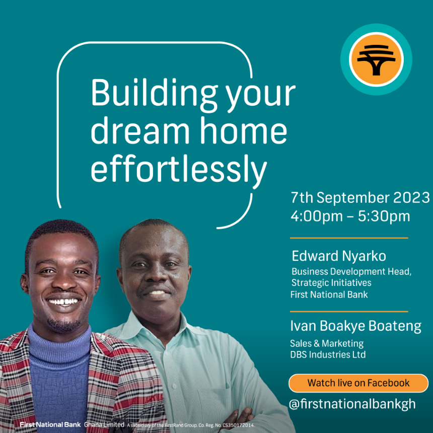 firstnatbankgh's tweet photo. Put on your builder’s hat and join us for this insightful and practical session on the best strategies to adopt when building your home.
Tune in this Thursday 7th September at 4:00pm on Facebook live.
#HomeConstruction
#TheHomeChat
#TheChangeables https://t.co/hFCx92Mjct