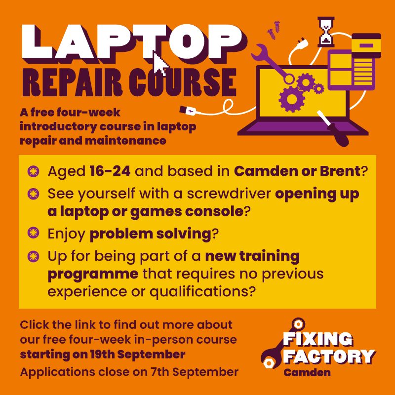 WestLondonWaste's tweet photo. Calling all young (16-24) Londoners! There is a #FREE laptop repair and maintenance course from #FixingFactory. If you're interested in learning how to fix stuff, apply today!

Applications close on 7th Sept, and course starts on 19th Sept

Learn more: https://t.co/fy62zO9GC3 https://t.co/Og0ieEqdL0