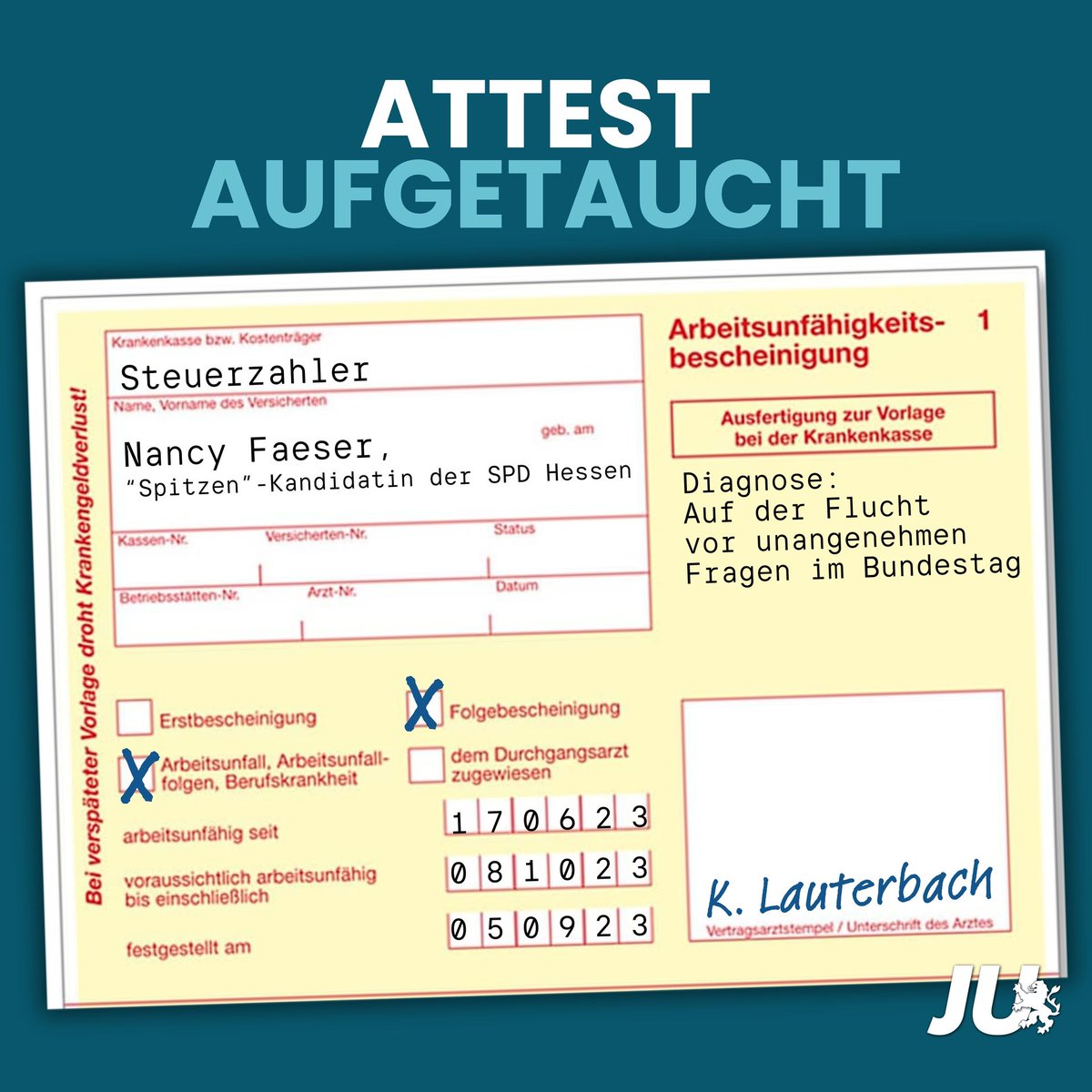 JU Hessen 🦁 (@juhessen) on Twitter photo Alles gut. Wir haben die Krankschreibung gefunden. Was soll die Aufregung? Die Bundesinnenministerin <a href="/NancyFaeser/">Nancy Faeser</a> schwänzt doch nur eine Sondersitzung des Innenausschusses des Deutschen Bundestages, um einen Wahlkampftermin in #Hessen wahrzunehmen. #Faeser Alles gut. Wir haben die Krankschreibung gefunden. Was soll die Aufregung? Die Bundesinnenministerin <a href="/NancyFaeser/">Nancy Faeser</a> schwänzt doch nur eine Sondersitzung des Innenausschusses des Deutschen Bundestages, um einen Wahlkampftermin in #Hessen wahrzunehmen. #Faeser