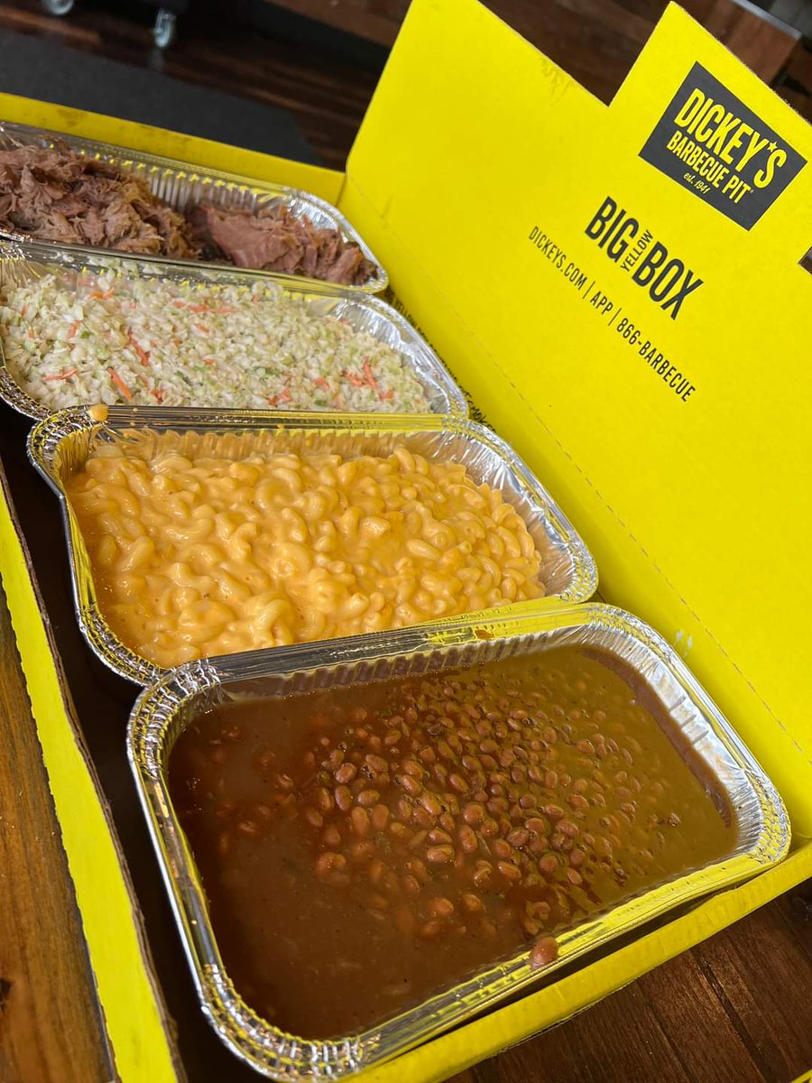Treat your team to a feast with our Big Yellow Box 🍖! 4 lbs. of mouth-watering meats, hearty sides, and all the extras 🍞🌶️. We're eating gooood today! 😋 #TeamLunch #DickeysBBQ #FeedingTheFam #BigYellowBox 📦 #BarbecueBliss #DickeysBarbecuePitEriePA #ErieEats #ComeGetSome