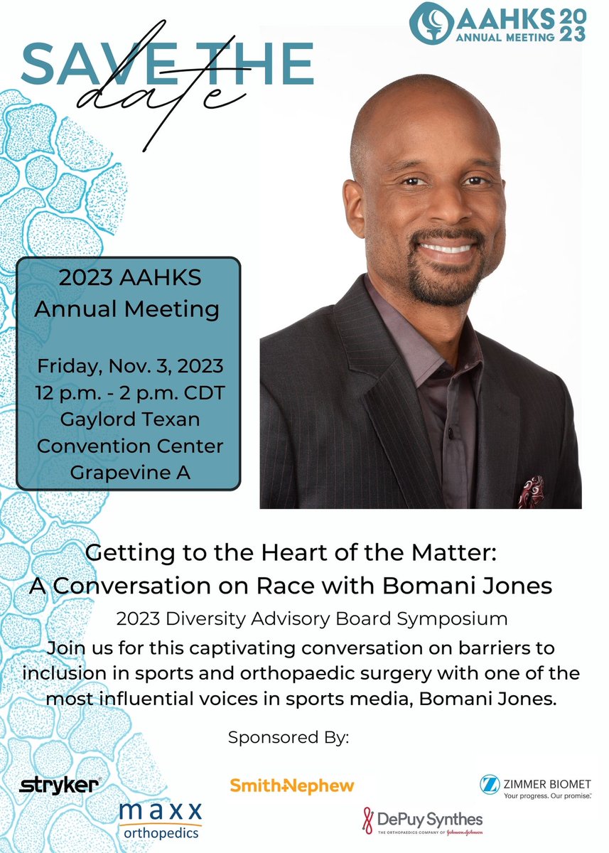 The Diversity Advisory Board (DAB) invites you to their 2023 Annual Meeting symposium “A Conversation on Race with <a href="/bomani_jones/">bomani</a>.” Join us for a discussion on barriers to inclusion in sports and orthopaedics. Register here meeting.aahks.org/Registration/