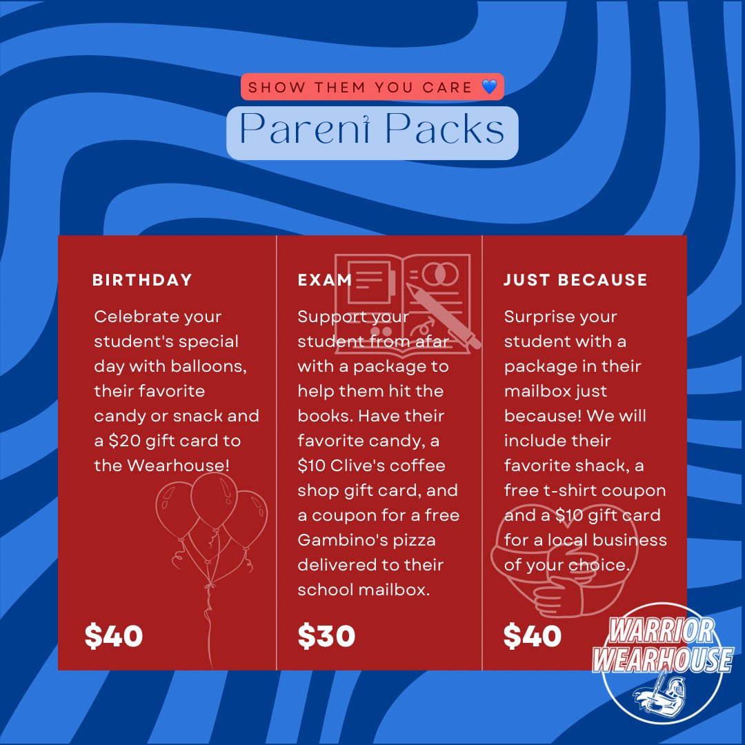 Warrior Parents! ⭐️ It’s not too late to order one of our Parent Pack options for your student this year! ❤️ Everyone loves surprises 💙 Order online via our website and follow the instruction under the item description 🤗 sc-warrior-wearhouse.mybigcommerce.com/parent-packs/
