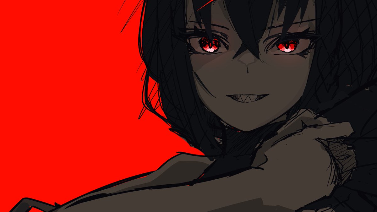 1girl red eyes solo red background sharp teeth teeth looking at viewer  illustration images