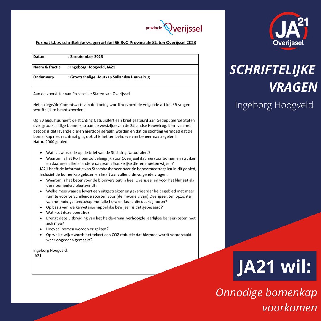 JA21_Overijssel's tweet image. De provincie zorgt met bomenkap voor natuurvernietiging op de Sallandse Heuvelrug. #JA21 is tegen onnodige bomenkap en stelt schriftelijke vragen aan de Gedeputeerde Staten. @Hoogveld #rechtsekoers #psov