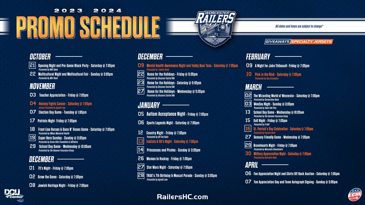 Promo Schedule is live with new themes and giveaways!

VIP Ticket Pre-Sale today. General public tickets on sale tomorrow.

Want early access? Give us a call at (508) 365-1750!

Click here for more info: conta.cc/3P4nZwC

#RailersHC