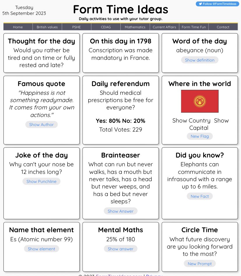 Nice to see this being used again.

Always useful to break the ice with your form group.

formtimeideas.com <a href="/FormTimeIdeas/">FormTimeIdeas</a>