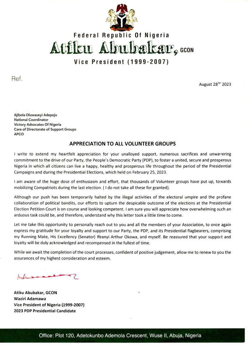 OSCOMPUTER11's tweet photo. I personally appreciate H. E Alh Atiku Abubakar @atiku for this beautiful recognition. 

Victory ahead Sir. https://t.co/A5z9GV6RaH