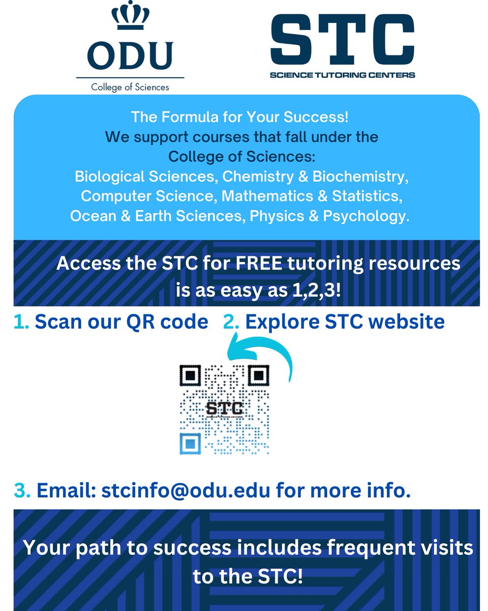 It’s official! The Science Tutoring Centers (STC) have opened today on campus & online! @ODU Monarchs take advantage of free tutoring for your #math & #science courses. Get help early, make an appointment, walk-in or click for virtual tutoring sessions. ww1.odu.edu/sci/stc