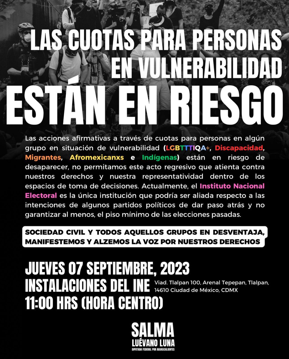 Basta de doble discurso, luchemos por lo ganado, es momento de despertar, hoy más que nunca debemos mostrar que la población #LGBTQIA +no solo se organiza para las marchas de junio. Nos quieren arrebatar las #CuotasArcoiris 🌈 y no lo vamos a permitir.
 <a href="/INEMexico/">@INEMexico</a> <a href="/TEPJF_informa/">Tribunal Electoral del PJF</a>
