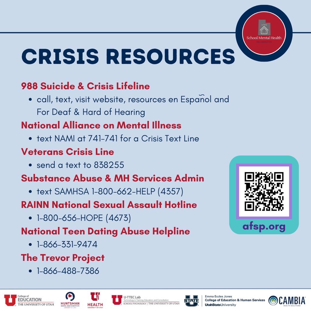 September is Sucide Prevention Awareness Month. Read more about its importance and note some crisis resources.

#SuicidePreventionAwareness  #UtahSchoolCounselor #SchoolMentalHealth #UtahSMHCollab 
<a href="/Cambia/">Cambia Health</a> <a href="/uofu_hmhi/">Huntsman Mental Health Institute</a> <a href="/UUtah/">University of Utah</a> <a href="/RegenceUtah/">Regence Utah</a> <a href="/USUAggies/">Utah State University</a> <a href="/UTPublicEd/">K-12: Utah Public Schools</a>