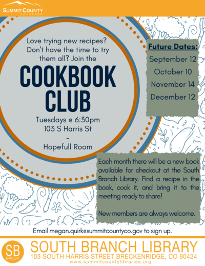 SummitCOEvents's tweet photo. Cookbook Club @ South Branch

September 12, 6:30 pm

Love trying new recipes? Don't have the time to try them all? Join the new cookbook club for adults at S. Branch Library in Breck, Hopeful/Discovery (103 S Harris). Each month there will be a new book available! #SummitEvents https://t.co/4jVA1APjRO
