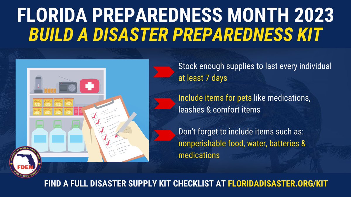 FLSERT's tweet photo. As we continue recovery efforts from #Idalia, we also remind Floridians to stock your disaster supply kit with at least 7 days of supplies, including:

🐶 Pet supplies
🥫 Nonperishable food
🔋 Batteries

➡ Find a full disaster supply kit checklist: https://t.co/8Y6Etc5B2W https://t.co/9zWcVgG42W