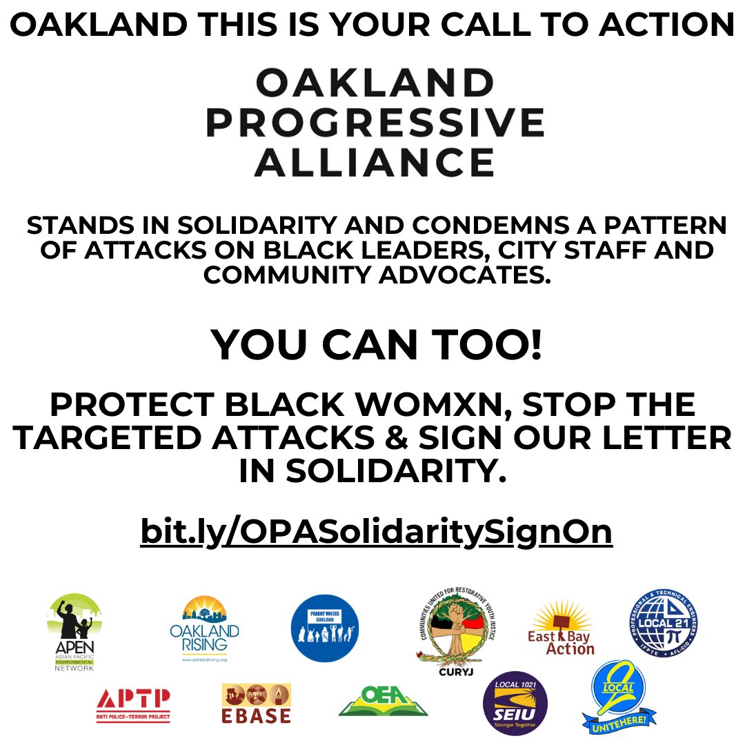 Parent_Voices's tweet photo. Oakland Progressive Alliance stands in Solidarity and condemns a pattern of attacks on Black leaders, city staff and community advocates.

YOU CAN TOO!

Protect Black womxn, stop the targeted attacks &amp; sign our letter in Solidarity. 👉🏿👉🏾👉🏽👉🏼👉🏻 https://t.co/pE9iOEQ4zD 👈🏻👈🏼👈🏽👈🏾👈🏿 https://t.co/SpKaoldItg