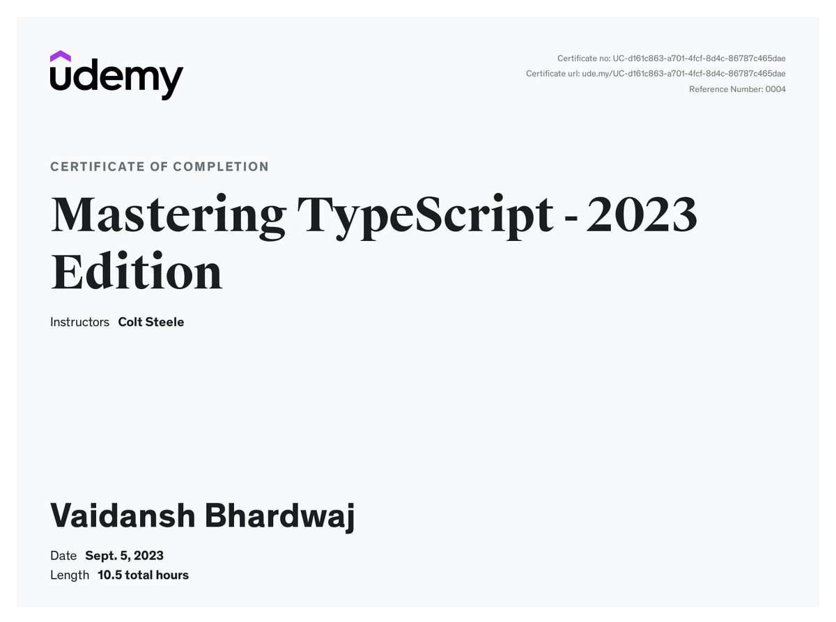 Finished with the quick &amp; comprehensive TypeScript course by Colt Steele.✨

A great course for anyone starting out with TypeScript and is looking to get their fundamentals right☑️