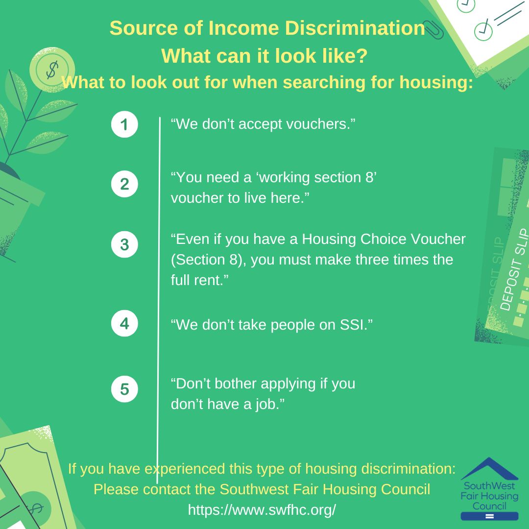 swfairhousing's tweet image. Did you know-in Phoenix and Tucson-Source of Income is a protection under the Fair Housing Act?
#fairhousing #sourceofincome #protections #housingrights
swfhc.org