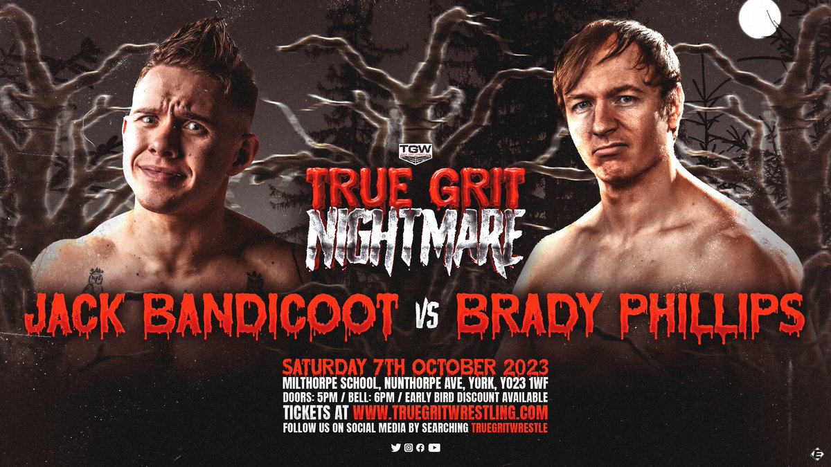 🚨MATCH ANNOUNCEMENT🚨 @bandicoot_jack vs. @BradyPhillipsUK ⏰ 5pm I 6pm 📅Saturday, 7th Oct 🏠Millthorpe School, York 🎟️truegritwrestling.com/events/true-gr… 🐣Early Bird Available The more I think about this match the more I think just how good it will be! 🔥🔥🔥