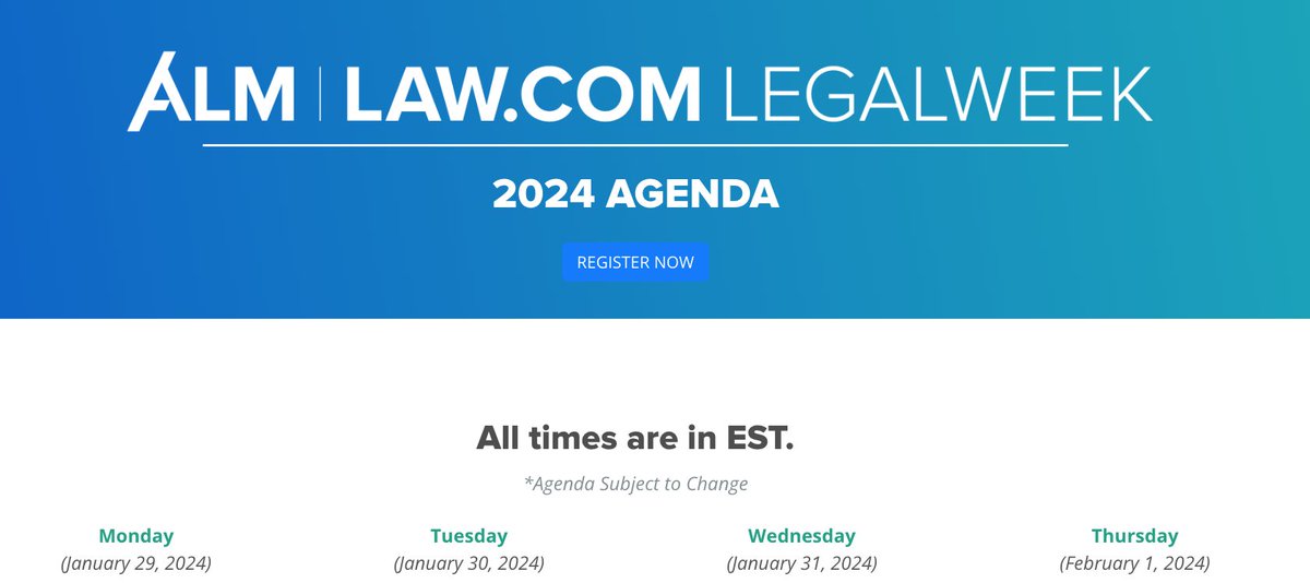Legalweek24 has a jam packed agenda. With 75+ different sessions to choose from you may wonder where to begin. 
Let's start building your agenda together!
See the full list here: bit.ly/44RppBl
#Legalweek24
