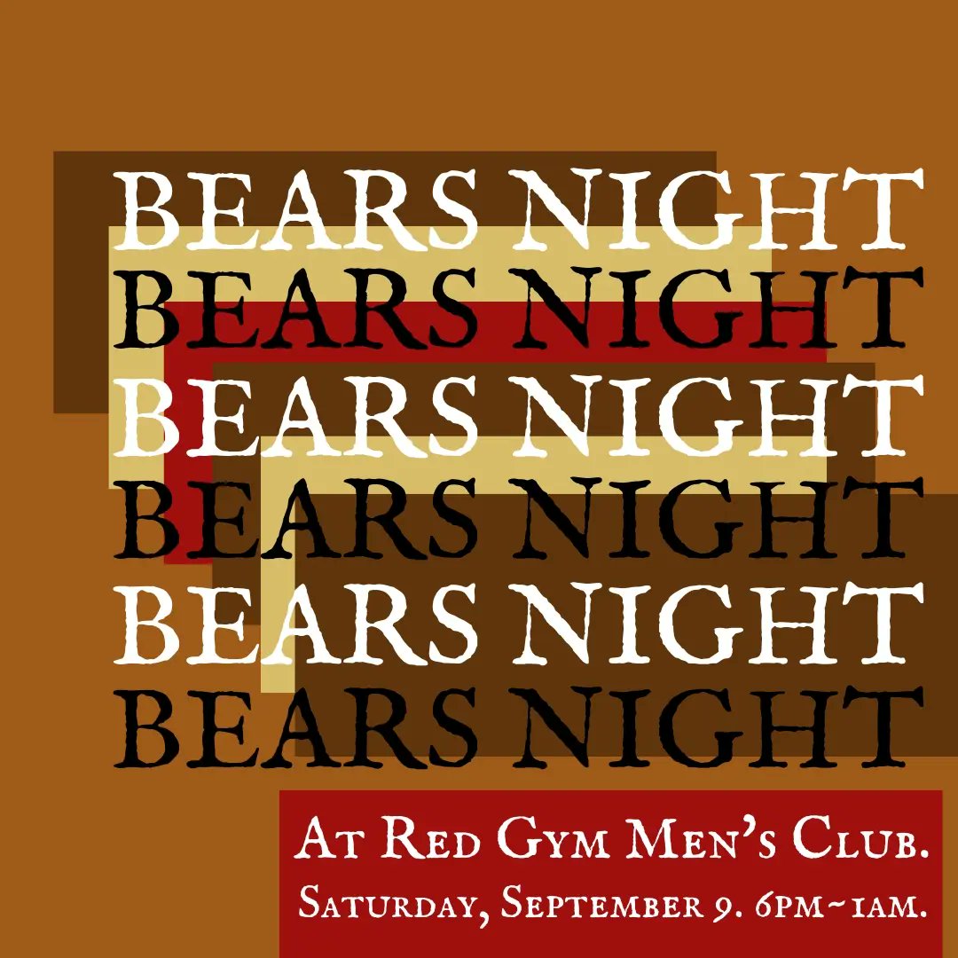 redgymmensclub's tweet photo. Bears Night 💪🐻🏋🏼‍♂️
Saturday, September 9th. 6pm~1am.
At Red Gym Men's Club.
In Syracuse NY.

#bearsnight #beargay #bearcommunity #bearsofsyracuse #syracusebears #bearnight #bearscubsandscruff #scruff #scruffymen #bearsofnewyork #steamroom #gaysauna #gaysyracuse #gaygym https://t.co/H3qeQMWV4X