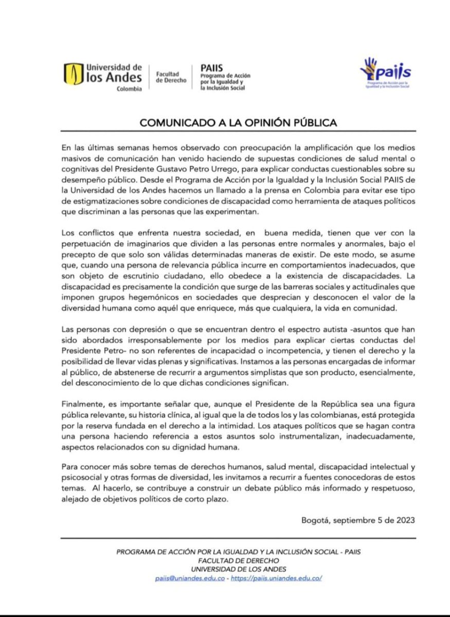 GSanchez2019's tweet photo. La salud, la opinión pública, la intimidad, la decencia, y el derecho.
Gran comunicado de Derecho Uniandes.
Facultades de medicina de todo el país podrían decir  algo? https://t.co/Ux4i55qzdO