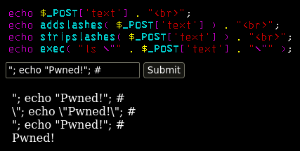 PCod3r's tweet photo. Been testing some #PHP #exploits using my own Apache server. I wanted to see if the server adding backslashes would be an issue, and apparently it isn't. I managed to inject echo and ls, but commands that modify the filesystem don't seem to work.
1/2 continued...
#EthicalHacking https://t.co/z2BeP0afeX