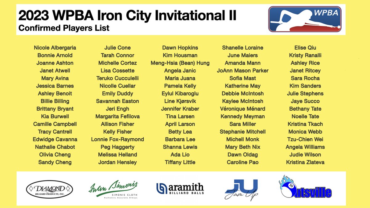 In 3 weeks, the WPBA will return to Iron City Billiards, Birmingham, AL for an even bigger tournament! Here are the 80 confirmed players coming to the WPBA Iron City Invitational II (9/27-10/1). We will livestream matches on YouTube starting on Friday. #wpbaladies #9ball