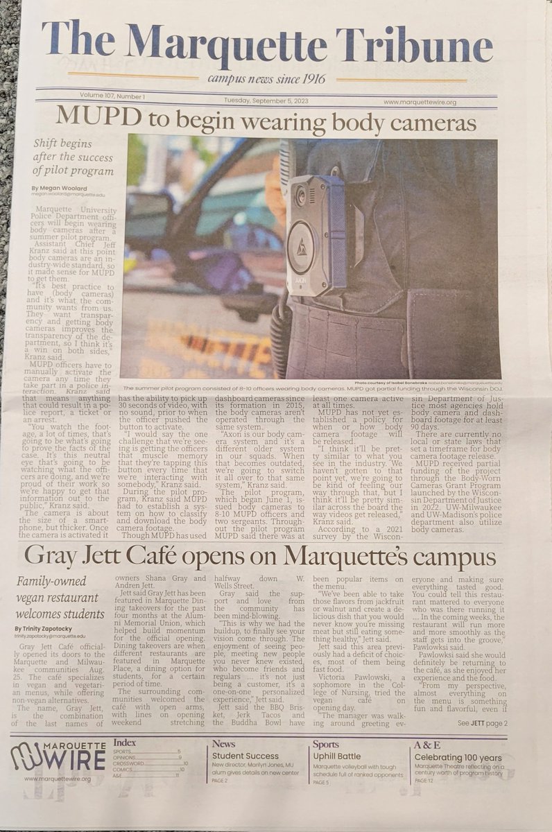 We published our first edition of The Marquette Tribune today! We did a whole redesign over the summer so it's been awesome to see the print product come together. <a href="/mutribune/">Marquette Tribune</a> <a href="/MU_Wire/">Marquette Wire News</a>

P.S. trib alumni don't get mad at me for removing the blue bar