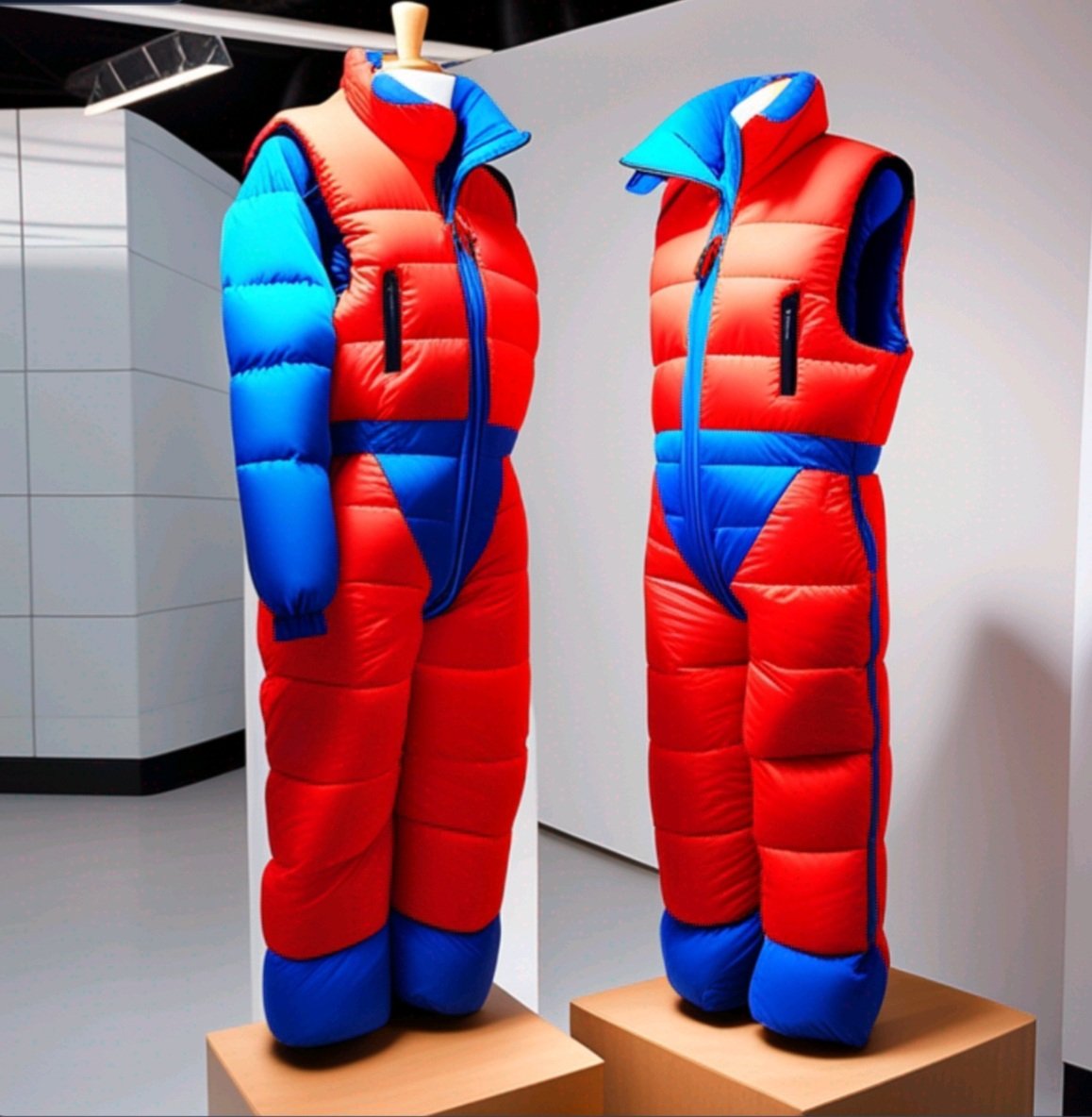 Sleeveless downsuit. On the left over a puffer jacket