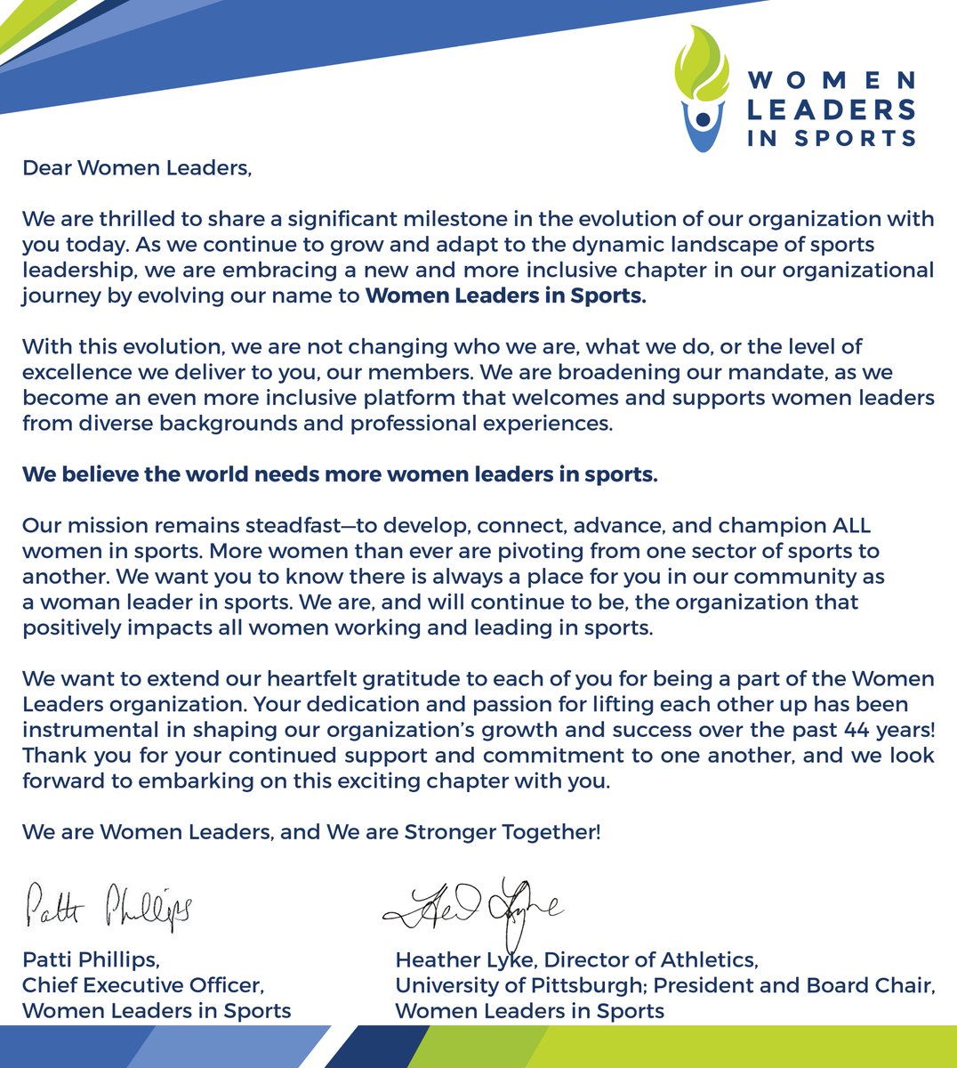 A message to our members from our CEO <a href="/PattiPhillips10/">Patti Phillips</a> and President @Pitt_LykeAD.

#WomenLeadersinSports #WeAreWomenLeaders