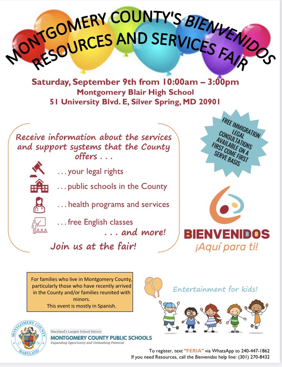 RenayCJohnson's tweet photo. Plan to attend Montgomery County’s Resources &amp; Services Fair on Saturday at Blair HS! This event will have providers sharing information for newly arrived families. There will be  a “Know your Rights” seminar. All providers will be bilingual (Spanish &amp; English). All are welcomed. https://t.co/dE9F6WP9Ft