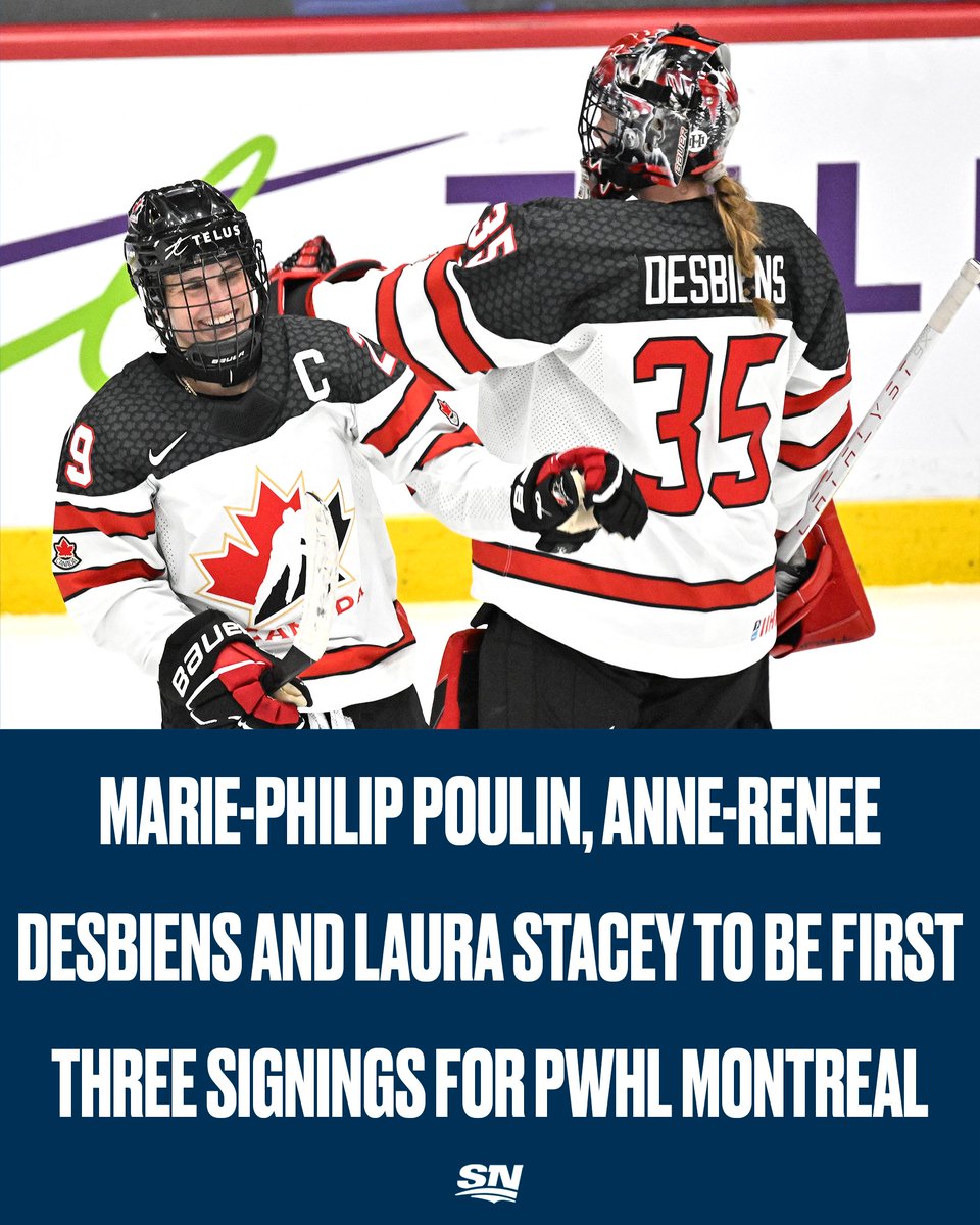 Sportsnet's tweet photo. Per @JeffMarek, Marie-Philip Poulin, Anne-Renee Desbiens and Laura Stacey are the likely first signings for Montreal, with Sarah Nurse, Renata Fast and Blayre Turnbull to be the signings for Toronto, and Abby Roque and Alex Carpenter the first two players for New York. https://t.co/kK7i66zRTI