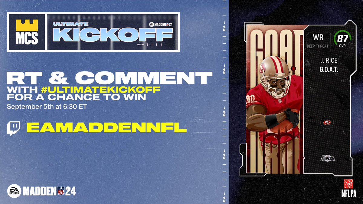 It’s #UltimateKickoff day!! Who do you have winning it all? Follow, RT, and comment your winner with #UltimateKickoff for your chance to win this AKA Jerry Rice Make sure to tune in tonight starting at 6:30p EST at Twitch.tv/EAMaddenNFL