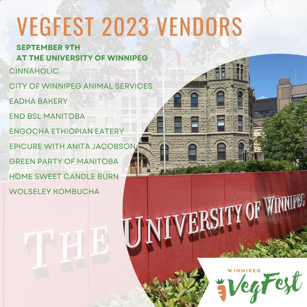 WpgVegFest's tweet photo. We’re posting vegan vendors for the Winnipeg VegFest market over the next few days! 🌱

Find them and so many more at Winnipeg VegFest on September 9th from 11am-6pm at the outdoor market at the University of Winnipeg! 🥕 https://t.co/mSdHtH6uYA