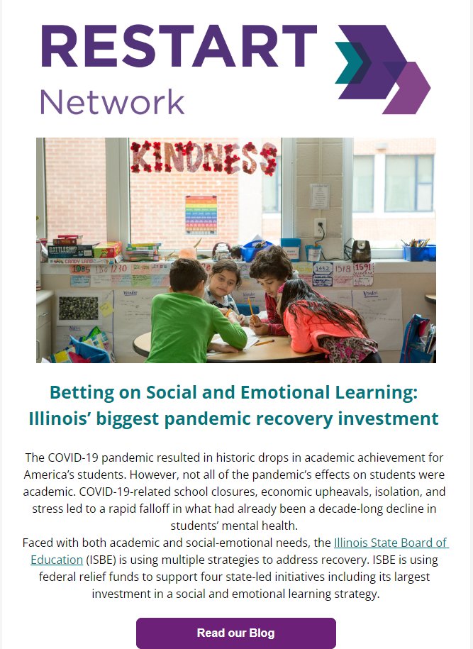 Our most recent newsletter was sent out last week with a focus on social emotional learning and post-pandemic education recovery. 🎉

Sign up to receive our newsletter in the future: restartnetwork.org
