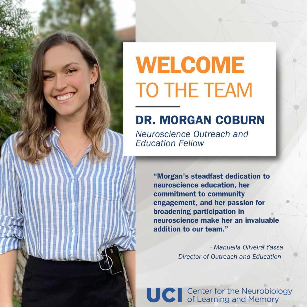 UCI CNLM (@ucicnlm) on Twitter photo We are thrilled to welcome Dr. Morgan Coburn (<a href="/Morgan_Coburn/">Morgan Coburn, PhD 💙🩸🎨</a>) to the CNLM team as our new Neuroscience Outreach and Education Fellow! 🧠🎉 We are thrilled to welcome Dr. Morgan Coburn (<a href="/Morgan_Coburn/">Morgan Coburn, PhD 💙🩸🎨</a>) to the CNLM team as our new Neuroscience Outreach and Education Fellow! 🧠🎉
